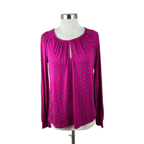 Boden US 4 Raspberry Pink Print Keyhole Neckline Viscose Knit Smocked Shirt - Picture 1 of 4